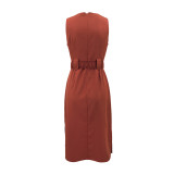 EVE Sleeveless Belt Solid Color Midi Dress GYLY-11071