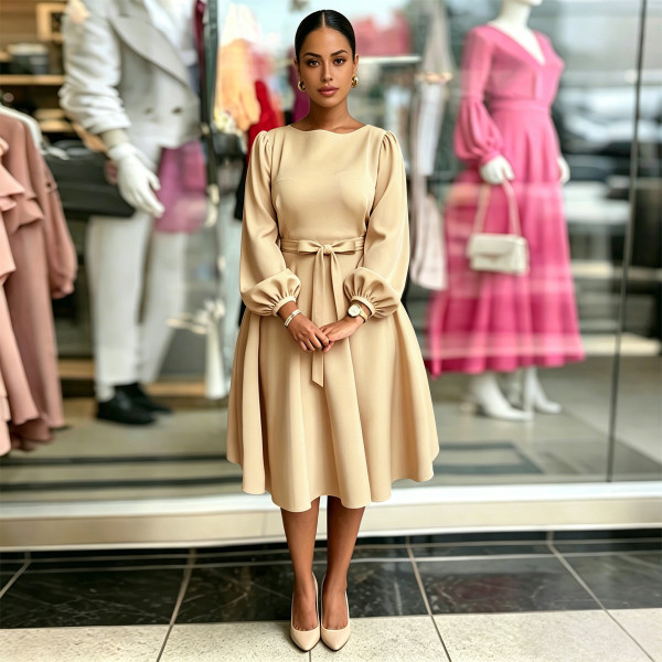 EVE Solid Color Long Sleeve Midi Dress GQLK-6682