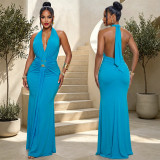 EVE Deep V Neck Solid Color Ruched Maxi Dress BY-7789