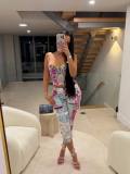 EVE Graffiti Print Lace Sling Tops Two Piece Pants Set GNJF-8609