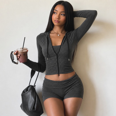 EVE Stripe Knits Sport Coat+Tube Top+Short 3 Piece Set GPKJ-MR50801
