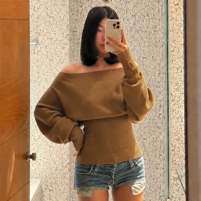 EVE Off Shoulder Bat Sleeve Sweater GPKJ-MR50396
