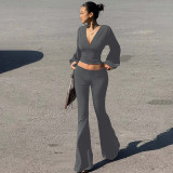 EVE V Neck Long Sleeve Tops Flare Pants Suit LJSF-S6722134X