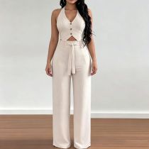EVE Solid Color Sleeveless Vest Two Piece Pants Set SHD-8119