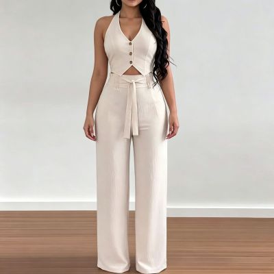 EVE Solid Color Sleeveless Vest Two Piece Pants Set SHD-8119