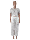 EVE Lace Hollow Out Short Sleeve Top Pants Suit SHD-8121