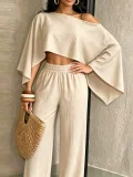 EVE Solid Color Slash Shoulder Loose Two Piece Pants Set SFY-2817