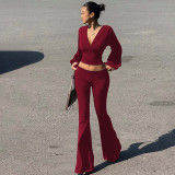 EVE V Neck Long Sleeve Tops Flare Pants Suit LJSF-S6722134X