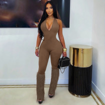 EVE Solid Color Halterneck Tassel Jumpsuit GSZM-C26JP289