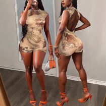 EVE Print Mesh See Through Backless Romper GFCF-1540
