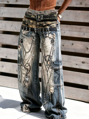 EVE Plus Size Fashion 3D Chain Print Jeans GYLN-0928