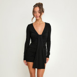 EVE Solid Color Long Sleeve Ruched Mini Dress GSZM-C26DS319