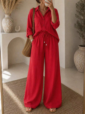 EVE Long Sleeve Solid Color Shirt Two Piece Pants Set MIL-L399