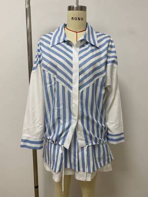 EVE Contrast Color Stripe Shirt Two Piece Short Set LSD-3013