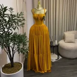 EVE Solid Color Pleated Sling Maxi Dress GCNE-75478