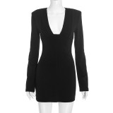 EVE Solid Color Long Sleeve V Neck Mini Dress GSBW-C26DS308