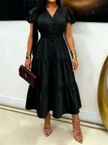 EVE V-neck Breasted Button Bubble Sleeve Long Dress OMY-12052