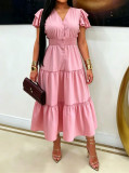 EVE V-neck Breasted Button Bubble Sleeve Long Dress OMY-12052
