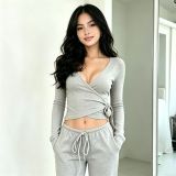 EVE Long Sleeve V Neck Lace Up Top GPKJ-MR22954