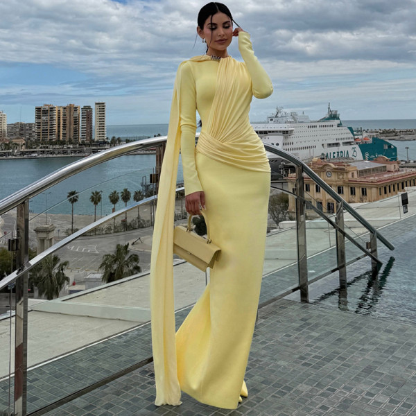 EVE Solid Color Long Sleeve Ruched Maxi Dress DLSF-K6D15241A