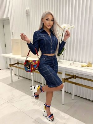EVE Long Sleeve Fifth Pants Denim 2 Piece Set MEM-88714