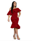 EVE Solid Color Ruffles Irregular Midi Dress XMY-N044