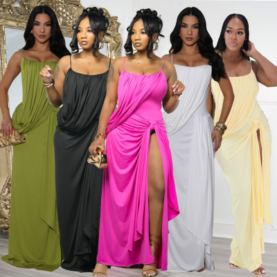 EVE Solid Color Ruched Spaghetti Straps Maxi Dress GTYZ-7619