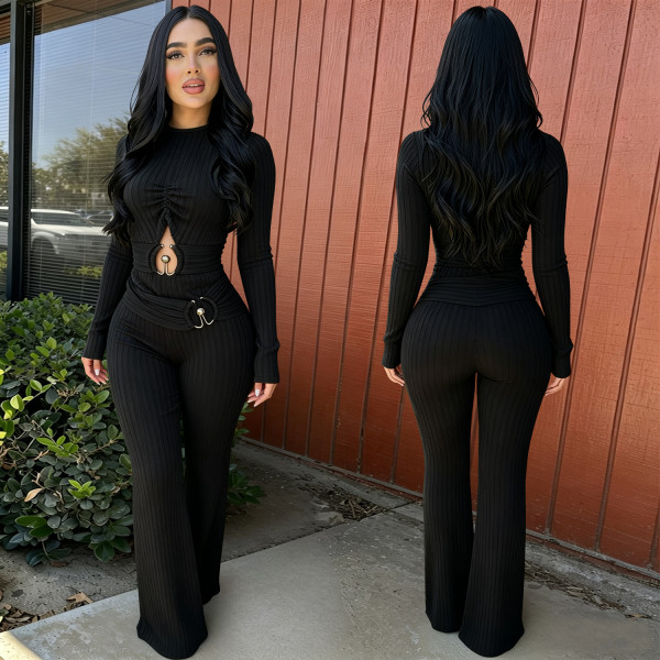 EVE Long Sleeve Hollow Out Two Piece Pants Set BY-7806