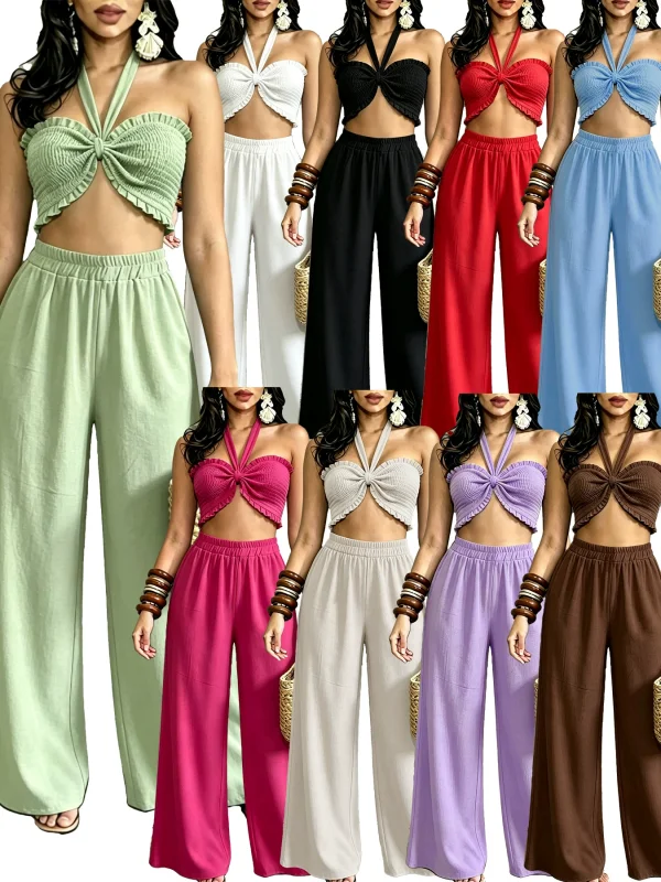 EVE Halterneck Solid Color Ruched Wide Leg Pants Suit QYMF-M607