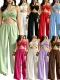 EVE Halterneck Solid Color Ruched Wide Leg Pants Suit QYMF-M607