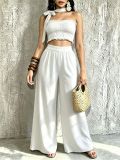 EVE Halterneck Solid Color Ruched Wide Leg Pants Suit QYMF-M607
