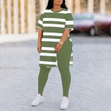 EVE Plus Size Stripe Print Short Sleeve Two Piece Pants Set QXLB-XRB-ZI86UY