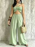 EVE Halterneck Solid Color Ruched Wide Leg Pants Suit QYMF-M607
