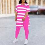 EVE Plus Size Stripe Print Short Sleeve Two Piece Pants Set QXLB-XRB-ZI86UY