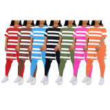 EVE Plus Size Stripe Print Short Sleeve Two Piece Pants Set QXLB-XRB-ZI86UY