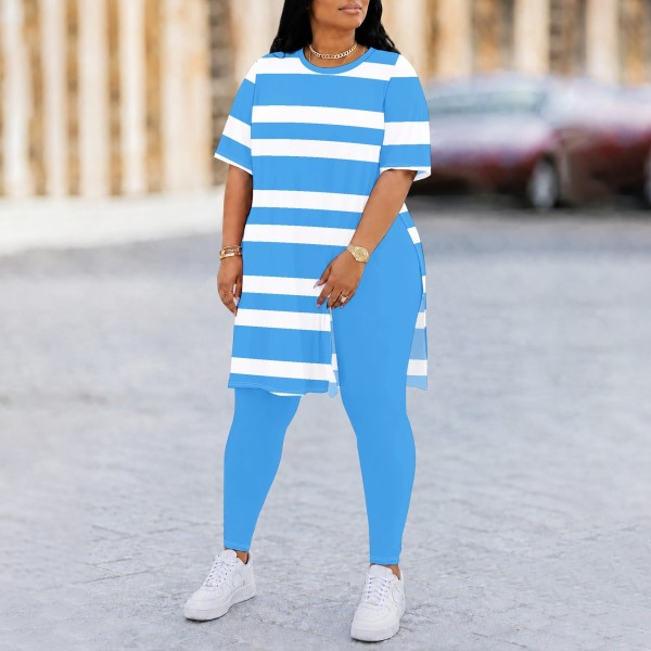 EVE Plus Size Stripe Print Short Sleeve Two Piece Pants Set QXLB-XRB-ZI86UY