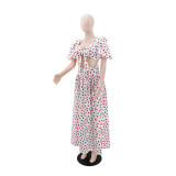 EVE Cherry Print Puff Sleeve Top Two Piece Skirts Set GYLY-10924