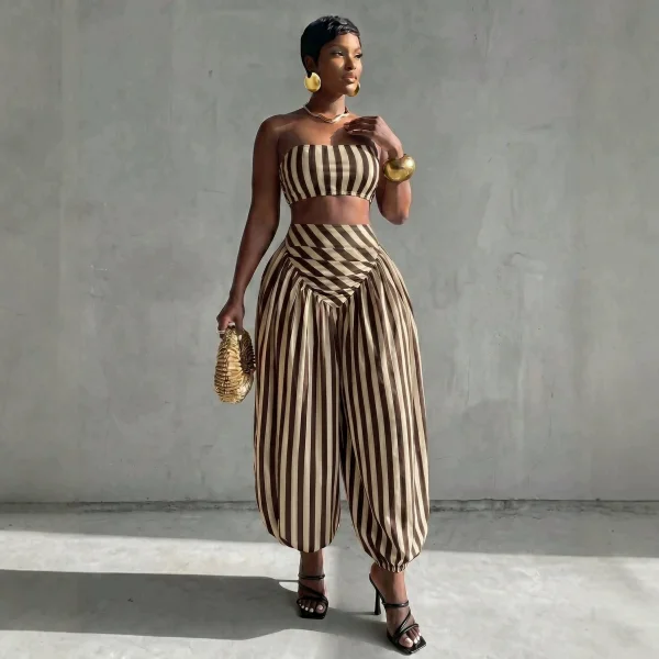EVE Stripe Warp Chest Top Lantern Pants 2 Piece Set GQLK-6695