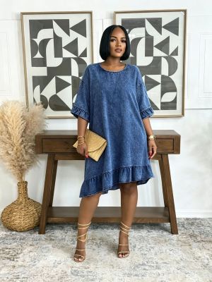 EVE Plus Size Irregular Ruffles Denim Midi Dress GYLN-0636