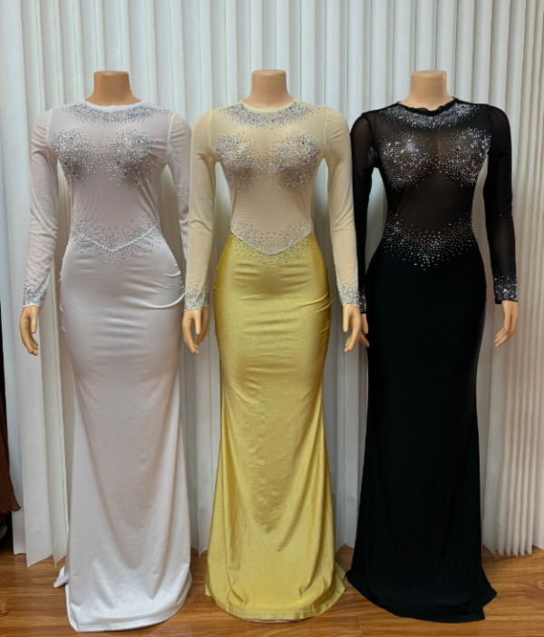 EVE Long Sleeve See Through Hot Drill Maxi Dress GMYU-9740