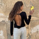 EVE Solid Color Backless Long Sleeve Top GSBW-D26TP310
