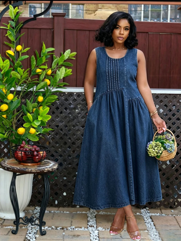 EVE Plus Size Press Pleated Denim Maxi Dress GYLN-6420
