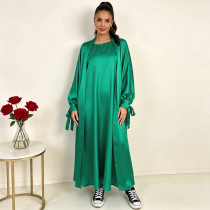 EVE Plus Size Satin Loose Cardigan Outer Robe+Sleeveless Dress 2 Piece Set QMZF-2115
