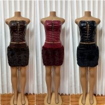 EVE PU Leather Wrap Chest Tie Up Top 2 Piece Skirt Set GMYU-11382