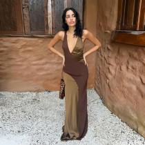 EVE Deep V Neck Backless Color Block Maxi Dress GYME-K6D13886A