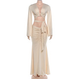 EVE Hollow Out Flare Sleeve Ruched Two Piece Skirt Set GYME-K6S13889A