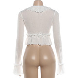 EVE See Through V Neck Ruffles Top GYME-K6L13179A