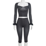 EVE Polka Dot Square Neck Long Sleeve Two Piece Pants Suit GDSF-J26ST305