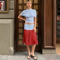 EVE Ruched Shawl+Wrap Chest Top+Color Block Mid-skirt Suit GYME-K6S11129A