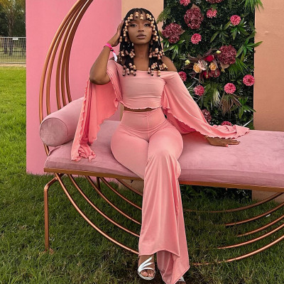 EVE One Shoulder Solid Color Top Flare Pants Suit MXBF-Q26ST156